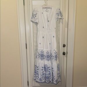 Anthropologie White and Blue Embroidered Dress